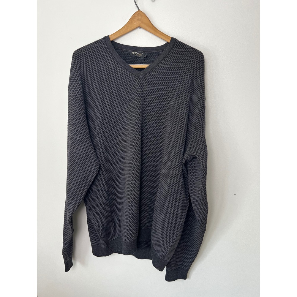 St. Croix Mens 100% Wool V-Neck Sweater‎ Charcoal Grey Honeycomb Knit 2XLT USA